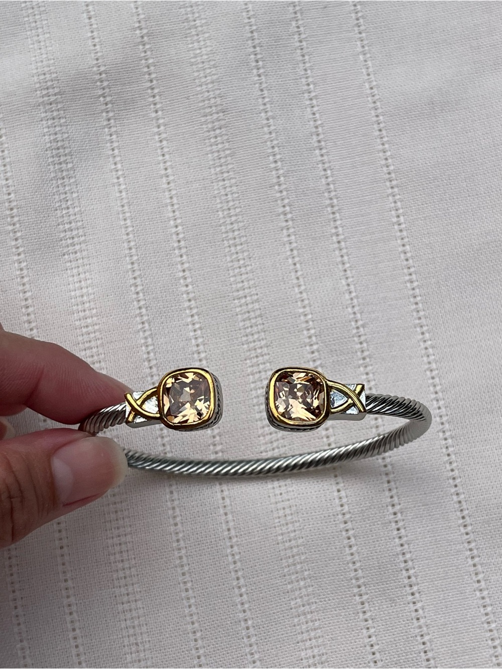 Gold Accent Silver Cable Cuff Bracelet with Champagne Stones - Women Jewelry - Picture 8 of 12